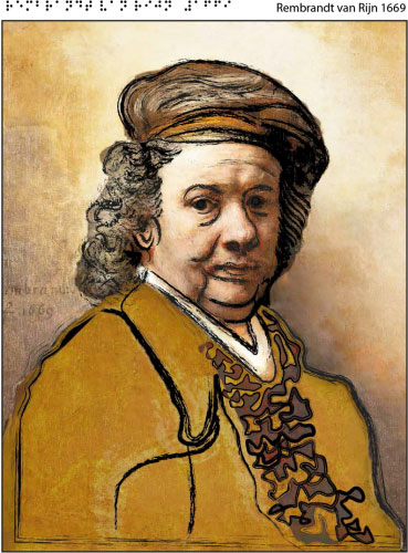 Voelbare tekening van het zelfportret van Rembrandt dat hij in zijn sterfjaar (1669) schilderde