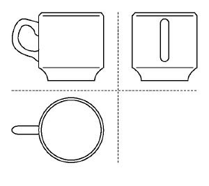 Een koffiekopje wordt van drie kanten getoond in een voelbare tekening.