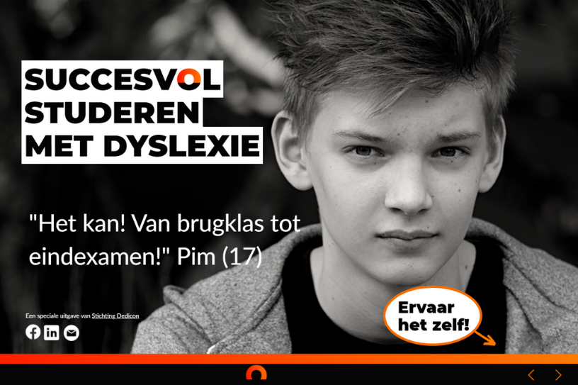 Portret tiener Pim met tekst: Succesvol studeren met dyslexie