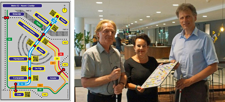 De voelbare plattegrond van de NoordZuid-lijn en overhandiging door Sharon Dijksma aan twee mensen met een visuele beperking