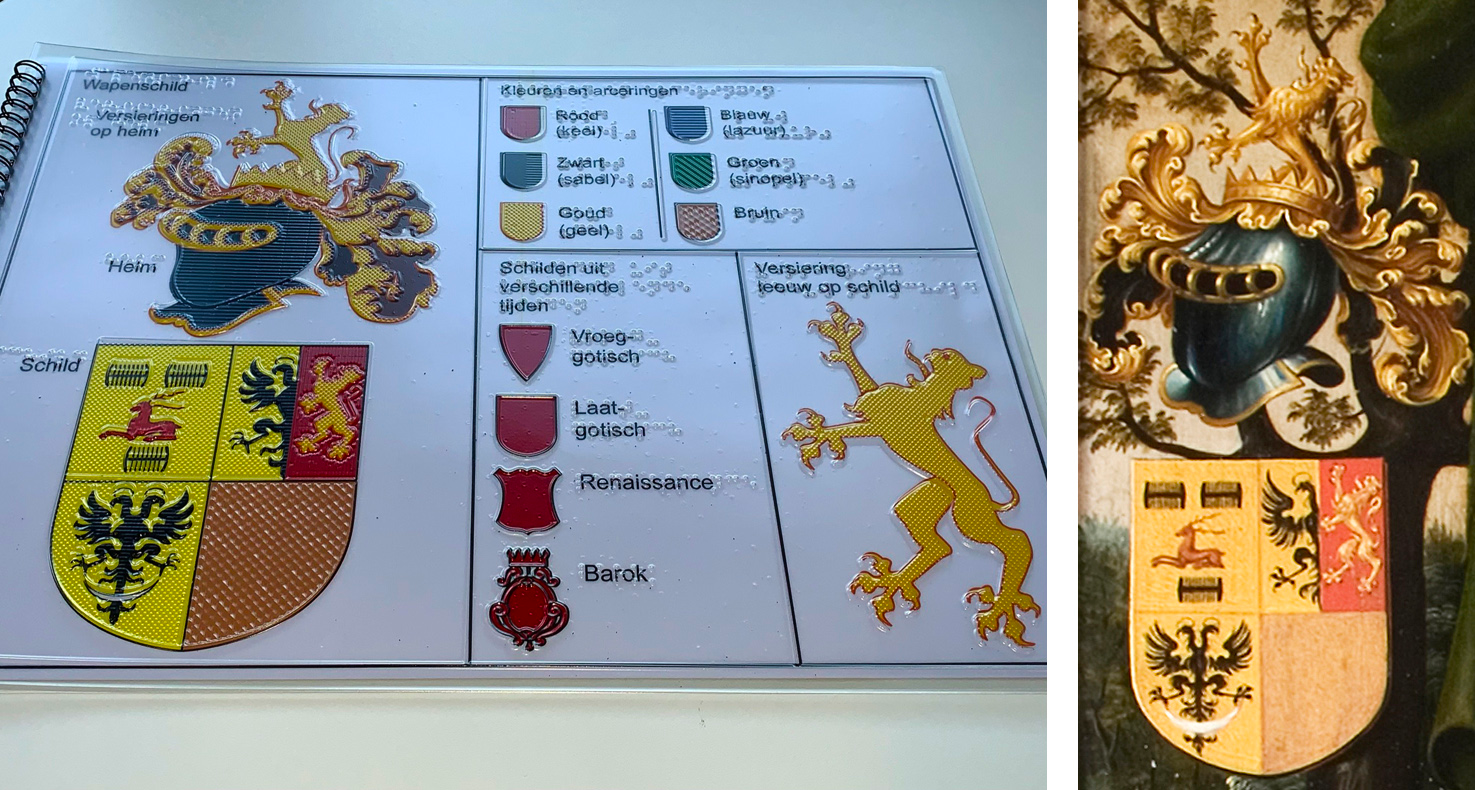 De voelbare tekening van het wapenschild (links) met daarnaast het wapenschild zoals afgebeeld in het originele schilderij