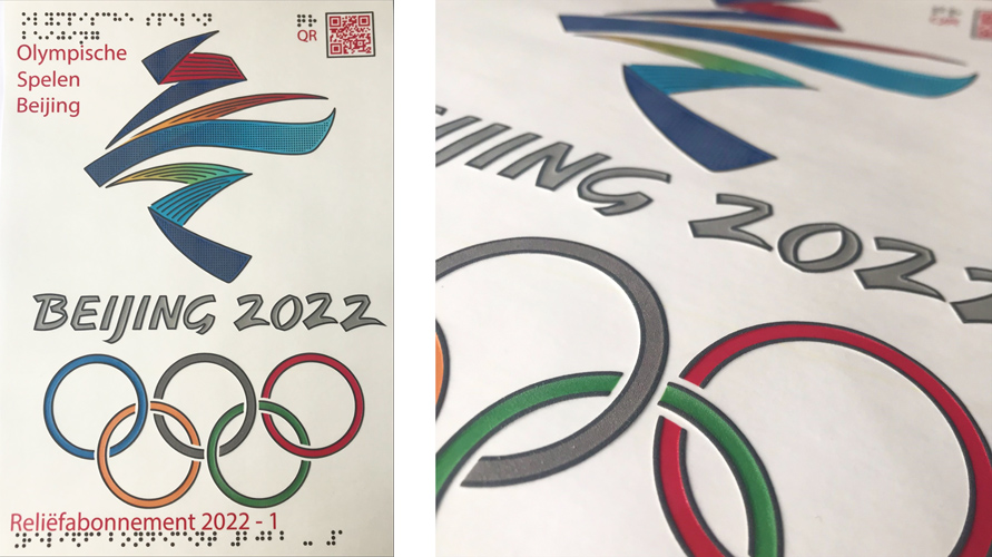 Voelbare tekening van logo Olympische Winterspelen 2022. Rechts detail van de Olympische ringen