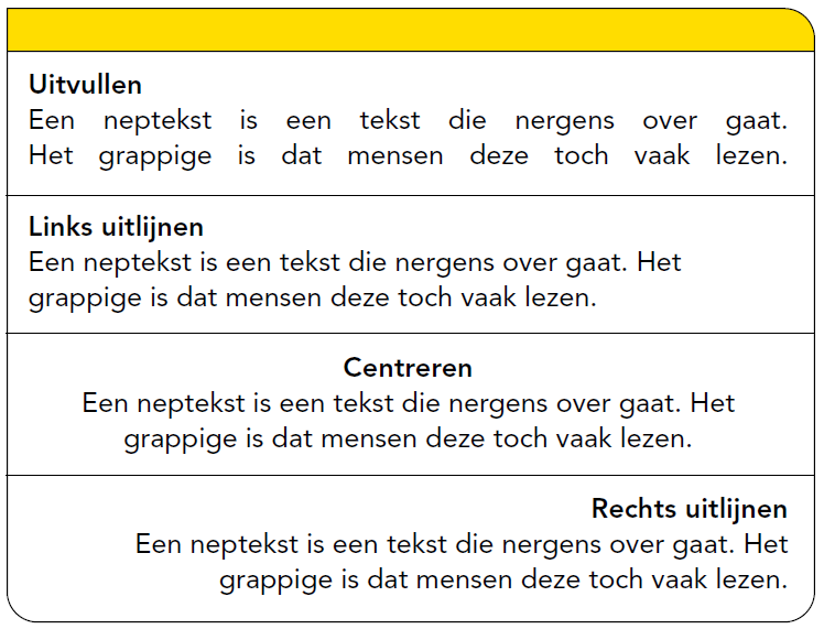 voorbeelden van tekst uitvullen, links uitlijnen, centreren en rechts uitlijnen
