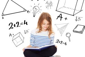 wiskundige vormen, notaties en een leerling dat een studieboek leest