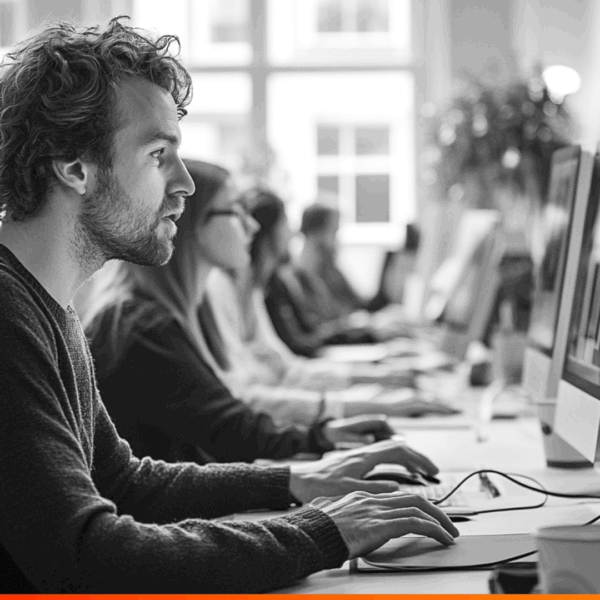 man werkt aandachtig op computer, gezeten naast collega's in kantoorruimte