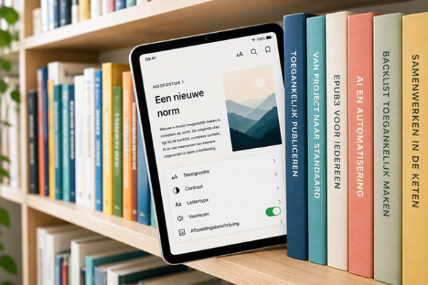 gevulde boekenkast met uitstekende iPad waarop een e-book is afgebeeld met toegankelijkheidskenmerken