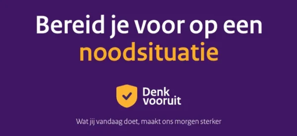 Paarse banner met de tekst Bereid je voor op een noodsituatie. Denk vooruit.