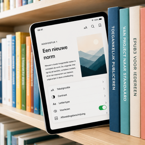 boekenkast met ipad waarop een e-boek wordt getoond met toegankelijkheidskenmerken
